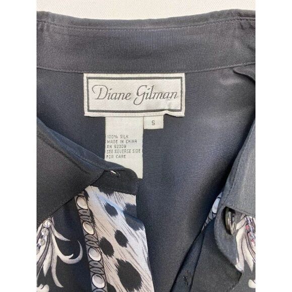 DIANE GILMAN Black White Gray Silk Blouse‎ Top Sequin Embellished Small - Picture 5 of 6